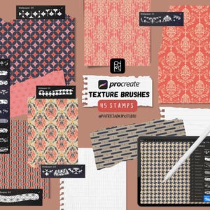 Op de afbeelding: Een assortiment digitale Procreate textuurpenselen en -stempels, met diverse patronen en ontwerpen. De afbeelding toont een tablet met een stylus, die de penselenbibliotheek en voorbeelden van texturen demonstreert. De tekst op de afbeelding luidt "Texture Brushes 45 Stamps @PATRICIADKNYSTUDIO."
