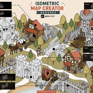 Puede incluir: Un conjunto de pinceles para crear mapas isométricos en Procreate que muestra un paisaje de fantasía con un castillo, muros de piedra, una mina, un carruaje, un puente y un puerto. La ilustración incluye iconos etiquetados de cada elemento.