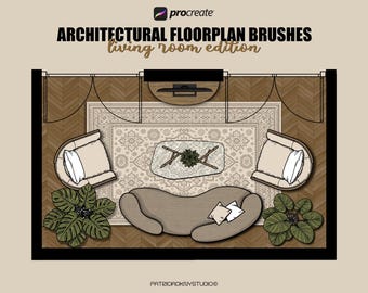 Puede incluir: Una ilustración digital de plano arquitectónico titulada Architectural Floorplan Brushes Living Room Edition. El diseño muestra una alfombra beige, dos sillones, un sofá curvo con cojines, una mesa de centro y dos plantas en macetas.