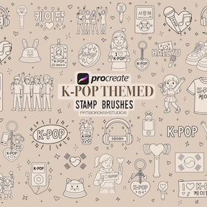 May include: A selection of black and white K-Pop themed stamp brushes. The illustrations feature headphones, microphones, hearts, and sneakers, along with the text "K-POP" and "I Love K-Pop". The image also includes the text "K-POP THEMED STAMP BRUSHES".