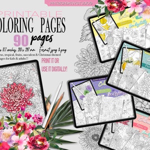Coloring book, coloring pages for adults, digital coloring book for kids, flower, fruit, succulent, citrus, Christmas coloring pages