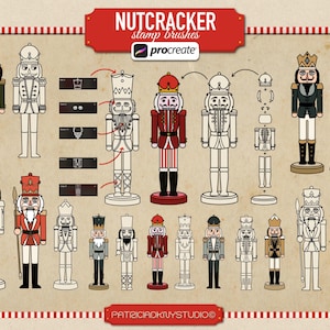 Może przedstawiać: Ilustracja przedstawiająca różne figurki dziadków do orzechów w różnych kolorach i wzorach. Obraz zawiera tekst "NUTCRACKER stamp brushes" i logo Procreate. Figurki są w stylu kreskówkowym, z detalami takimi jak czapki, mundury i rysy twarzy.