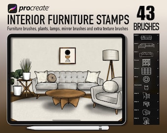 Procreate interior furniture stamps, living room creator, interior lineart brushes, furniture mix & match, interior architecture