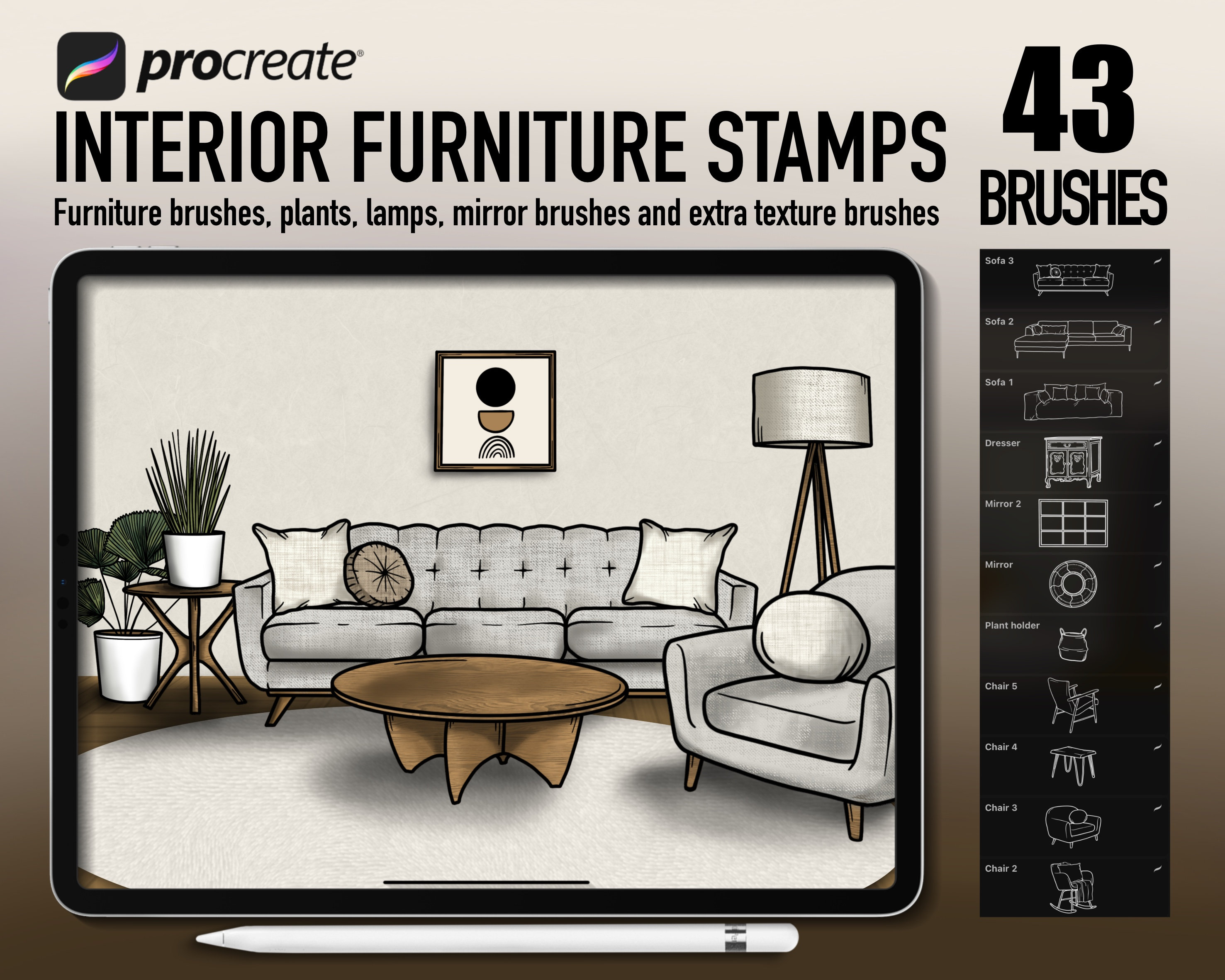 Procreate Interior Furniture Stamps Set – Living Room Creator Line Art Brushes for Architecture & Decor
