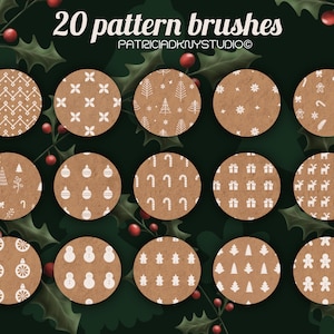 May include: Twenty brown circle-shaped digital brush patterns with white Christmas-themed designs. The designs include snowflakes, ornaments, candy canes, reindeer, trees, and gingerbread men. The text "20 pattern brushes" and "PATRICIADKNYSTUDIO" is at the top of the image.