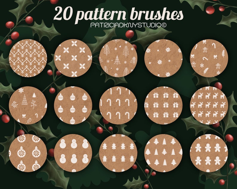 May include: Twenty brown circle-shaped digital brush patterns with white Christmas-themed designs. The designs include snowflakes, ornaments, candy canes, reindeer, trees, and gingerbread men. The text "20 pattern brushes" and "PATRICIADKNYSTUDIO" is at the top of the image.