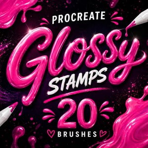 May include: A digital art graphic on a black background with the words "Procreate Glossy Stamps" in pink and white, and "20 Brushes" below. Pink paint splatters and white pencils accent the design.