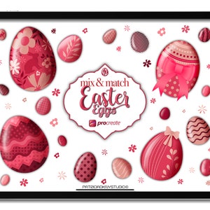 May include: A digital illustration of 42 mix and match Easter eggs in various red and pink patterns on a white background. The text "mix & match Easter Eggs" is in a white box with a red border. The text "procreate" is in a blue box with a white border.