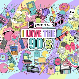 Procreëer penselen, pictogrammen uit de jaren 90, Procreëer stempelpenselen uit de jaren 2000, old school doodles, retro, groovy penselen, snoep uit de jaren 90 en games