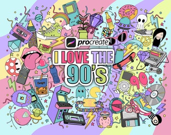 Procreate brushes, 90s icons, Procreate stamp brushes from the 2000s, old school doodles, retro, groovy brushes, 90’s sweets and games