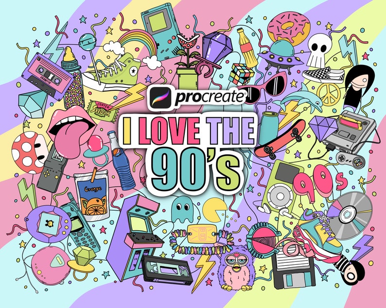 Procreate brushes, 90s icons, Procreate stamp brushes from the 2000s, old school doodles, retro, groovy brushes, 90’s sweets and games image 1
