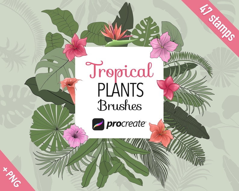 K&ouml;nnte beinhalten: Eine digitale Illustration von tropischen Pflanzen und Blumen in Gr&uuml;n-, Rosa- und Rott&ouml;nen. Das Bild enth&auml;lt ein wei&szlig;es Rechteck mit dem Text "Tropical Plants Brushes procreate" und der Zahl "47 stamps".