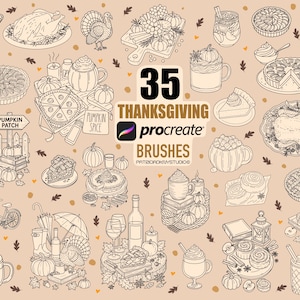 May include: A collection of 35 Thanksgiving-themed Procreate brushes, featuring hand-drawn illustrations of food, drinks, and festive elements. Includes images of pies, turkeys, pumpkins, and coffee mugs. The text "35 Thanksgiving Procreate Brushes" is visible.