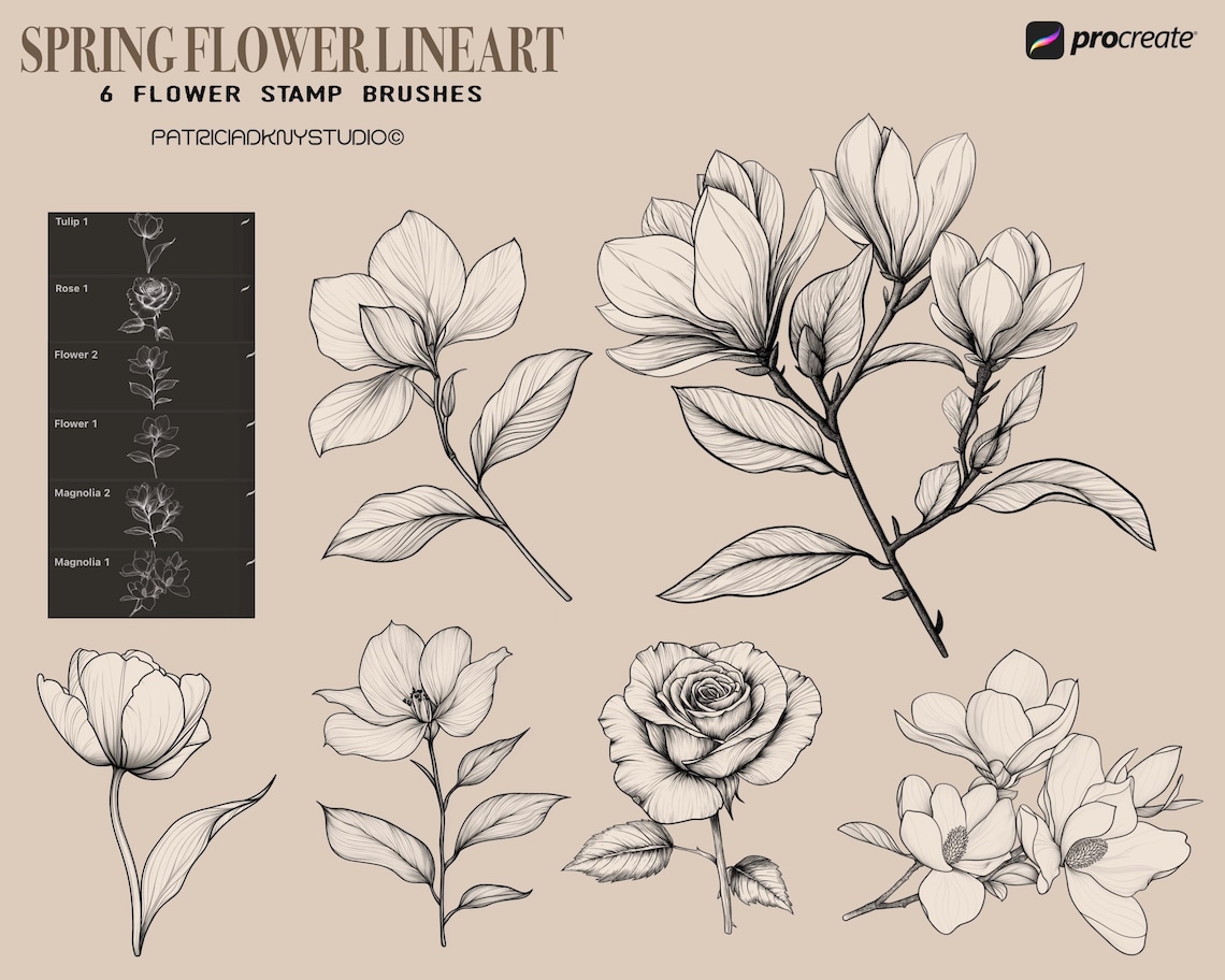 Procreate Flower Brushes, Floral Stamps, Botanical Line Art Tattoo ...