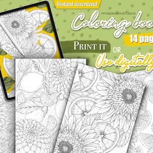 Coloring book, coloring pages for adults, citrus digital coloring book for kids, flower coloring pages, lemon coloring sheets