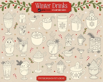 May include: A collection of hand-drawn winter drink illustrations, including coffee, hot chocolate, and cocktails. The image features various mugs and glasses with whipped cream, marshmallows, and festive decorations. The text "Winter Drinks" is displayed at the top.