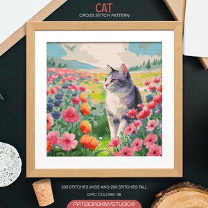 Padrões de ponto cruz de gato cinza PDF, bordado de campo floral colorido, formato quadrado, gráfico de ponto cruz de animais, padrões de ponto x