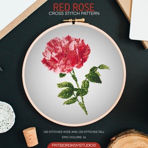 Red rose cross stitch patterns PDF, floral embroidery, flower cross stitch chart, x stitch patterns