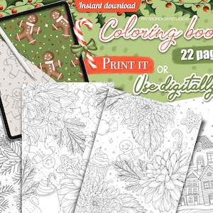 Christmas coloring book, Xmas coloring pages for adults, Festive digital coloring book for kids, winter holiday coloring pages