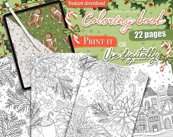 Op de afbeelding: Een digitaal kleurboek met 22 pagina's met verschillende kerstthema-illustraties. De illustraties omvatten peperkoekmannetjes, sneeuwvlokken, snoepstokken, bloemen en huizen. De tekst "PRINT IT OR Use digitally" is opgenomen in de afbeelding.