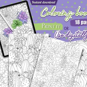 Coloring book, coloring pages for adults, cactus digital coloring book for kids, succulent colouring pages