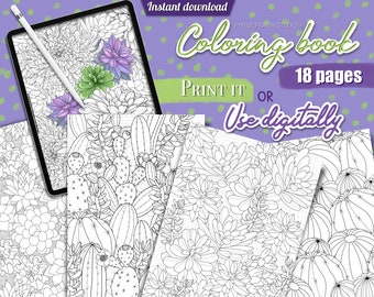 Coloring book, coloring pages for adults, cactus digital coloring book for kids, succulent colouring pages