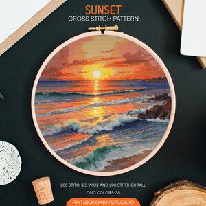 Patrones de punto de cruz al atardecer PDF, bordado de amanecer en el océano de verano, gráfico de punto de cruz junto a la playa, patrones de puntada x