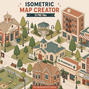 May include: An isometric map creator digital asset set featuring 55 PNG files of town buildings including a post office, diner, cinema, pharmacy, church, gazebo, and playground. The illustration uses a muted colour palette with brown, green, and cream tones.