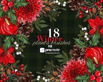 Pinceles de plantas de invierno para Procreate, plantas navideñas, pinceles de sellos botánicos de invierno, sellos de vegetación navideña, plantillas botánicas