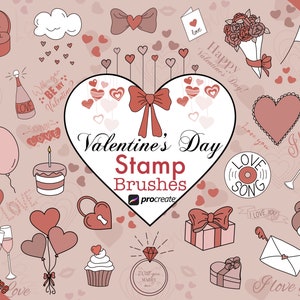 Peut inclure: Un ensemble de 72 tampons de pinceaux pour la Saint-Valentin pour Procreate, comprenant des cœurs, des fleurs, des messages d'amour et d'autres motifs romantiques. Les pinceaux sont roses, rouges et blancs.
