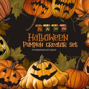 May include: A set of Halloween pumpkin illustrations in various shapes and sizes with different facial expressions. The pumpkins are in shades of orange, yellow, and green. The text "Halloween Pumpkin Creator Set" is displayed in the center of the image.