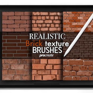 Op de afbeelding: Een digitaal tabletscherm met zes verschillende baksteentexturen, gelabeld "REALISTIC Brick texture BRUSHES procreate".