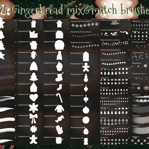 May include: A set of 75 gingerbread mix and match brushes for digital art. The brushes are white on a black background and include various shapes, patterns, and textures. The brushes are perfect for creating gingerbread-themed designs.