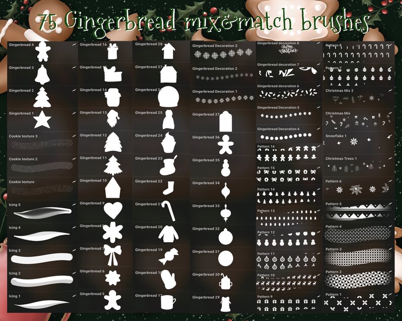 May include: A set of 75 gingerbread mix and match brushes for digital art. The brushes are white on a black background and include various shapes, patterns, and textures. The brushes are perfect for creating gingerbread-themed designs.