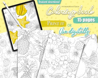 Coloring book, coloring pages for adults, digital coloring book for kids, fruit coloring pages