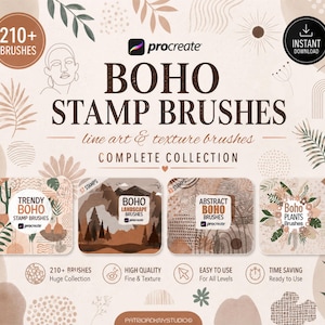 May include: A digital art product advertisement featuring "BOHO STAMP BRUSHES" for Procreate. The design includes illustrations of plants, landscapes, and abstract elements. The product offers over 210 brushes, high quality textures, and is easy to use.