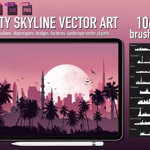Vector illustrations - City skyline creator, skyscraper SVG, landscape silhouettes, factory, bridge, building PNG, cityscape silhouette, ai