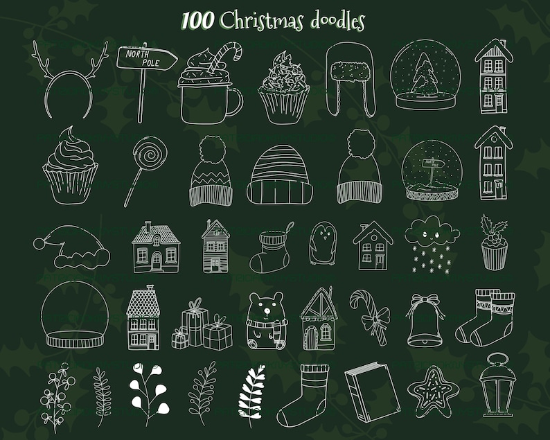 Puede incluir: Un conjunto de 100 garabatos navide&ntilde;os blancos sobre un fondo verde oscuro. Los garabatos incluyen una variedad de s&iacute;mbolos navide&ntilde;os, como un &aacute;rbol de Navidad, un mu&ntilde;eco de nieve, un gorro de Pap&aacute; Noel, una media, un bast&oacute;n de caramelo, un hombre de jengibre, un reno, una campana, un regalo, un copo de nieve y una estrella.