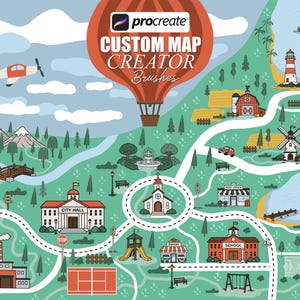 Op de afbeelding: Een kleurrijke geïllustreerde kaart met een luchtballon, een vliegtuig en diverse gebouwen. De kaart bevat een stadhuis, een school, een kerk en andere bezienswaardigheden. De tekst op de kaart luidt "Procreate CUSTOM MAP CREATOR Brushes."