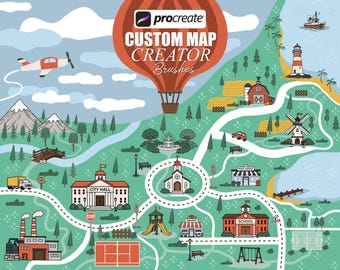 May include: A colorful illustrated map with a hot air balloon, airplane, and various buildings. The map includes a city hall, school, church, and other landmarks. Text on the map reads "Procreate CUSTOM MAP CREATOR Brushes."