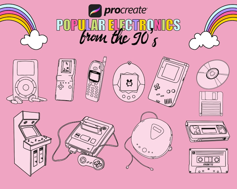 Procreate brushes, 90s icons, Procreate stamp brushes from the 2000s, old school doodles, retro, groovy brushes, 90’s sweets and games image 2