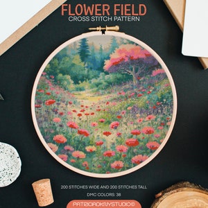 Blumen Feld Kreuzstich Stickmuster, Stickmuster, bestickestickerei, Blumen Kreuzstich Anleitung, Stickmuster schön Zählbild