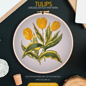 Gelbe Tulpen Kreuzstichmuster PDF, Blumenstickerei, Blumen Kreuzstichvorlage, x Stichmuster