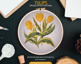 Gele tulpen kruissteekpatronen PDF, bloemenborduurwerk, bloemenkruissteekdiagram, x steekpatronen