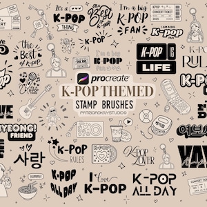 May include: A selection of K-Pop themed stamp brushes featuring diverse illustrations and text. The design includes concert tickets, musical instruments, and phrases such as "I love K-Pop" and "K-Pop Rules."