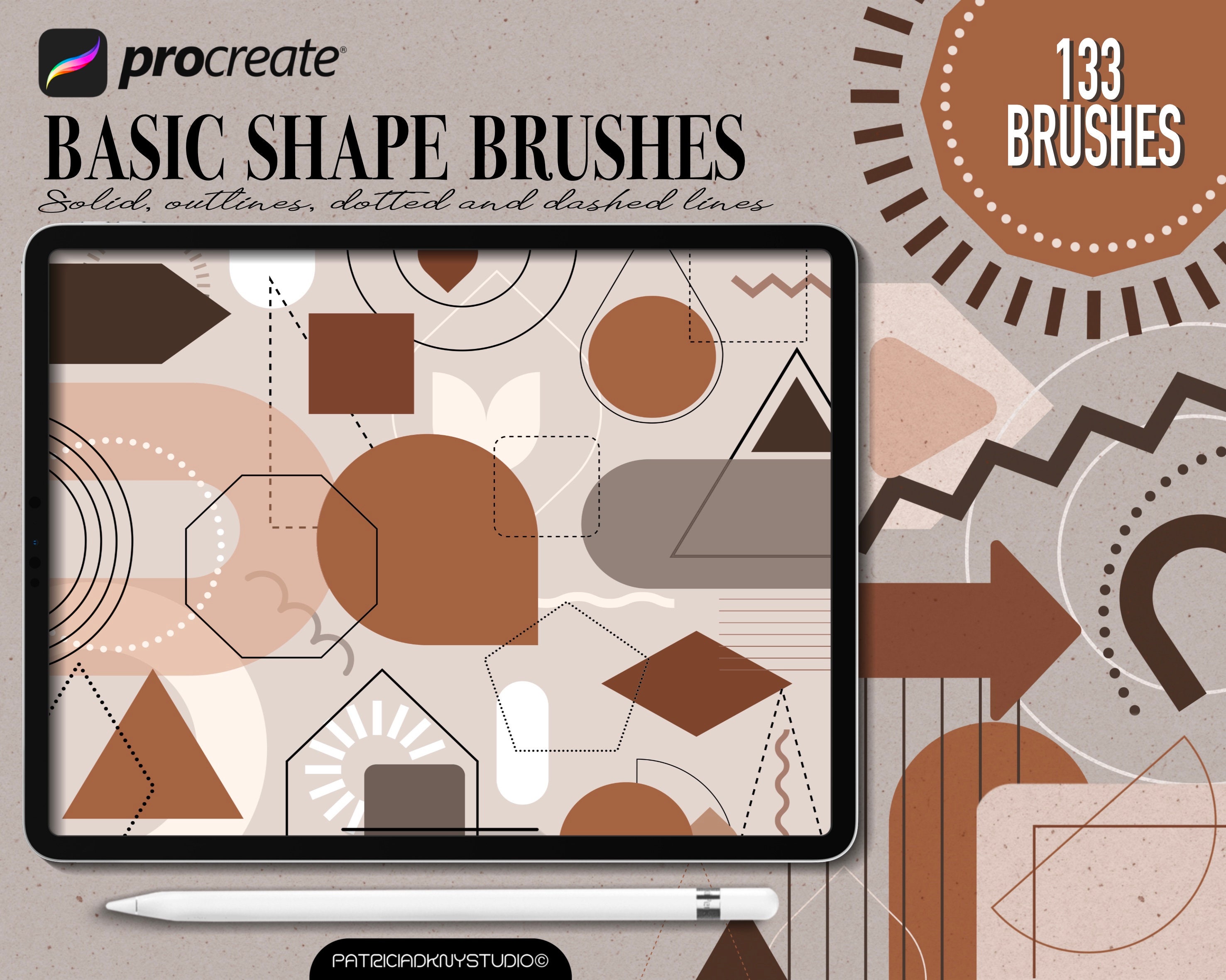 Pinceles de formas geométricas para Procreate – 133 formas básicas, sellos sólidos y de contorno para patrones, pegatinas y tatuajes