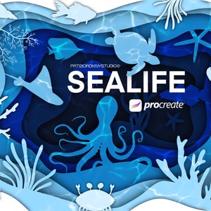 Puede incluir: Una ilustración de papel recortado en azul y blanco de varias criaturas marinas, incluyendo un pulpo, una tortuga, una estrella de mar y un cangrejo. El texto "SEALIFE" está en letras blancas sobre fondo azul. El texto "procreate" está en letras blancas sobre fondo azul con un icono de pincel.