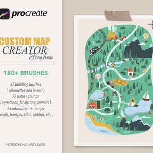 Procreate map creator, cute little town illustration, Procreate stamp brushes, fantasy map maker kit, custom cartography set