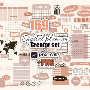 Digital planner Procreate brushes, procreate stamps, daily planner PNG, weekly planner, monthly planner, PNG planner stickers