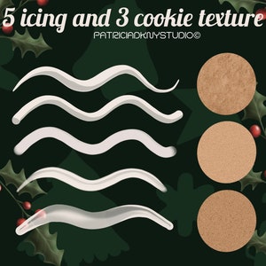 May include: Five white icing textures and three brown cookie textures on a green background with holly leaves and red berries. The text "5 icing and 3 cookie texture" and "PATRICIADKNYSTUDIO&copy;" are at the top of the image.